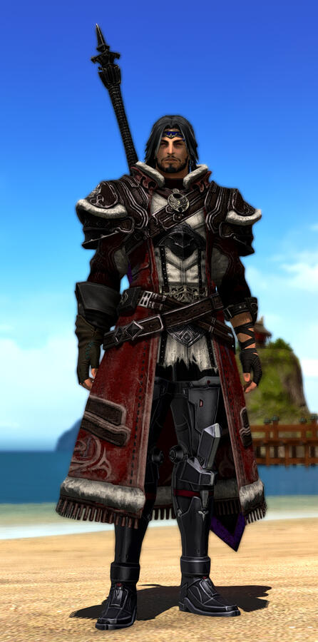 Erston wearing his old outfit: a long red coat with ornate trim and gray-black armor plating, including broad shoulder pauldrons and advanced black mechanical boots. He stands on a sunny beach with a blue sky and ocean in the background.