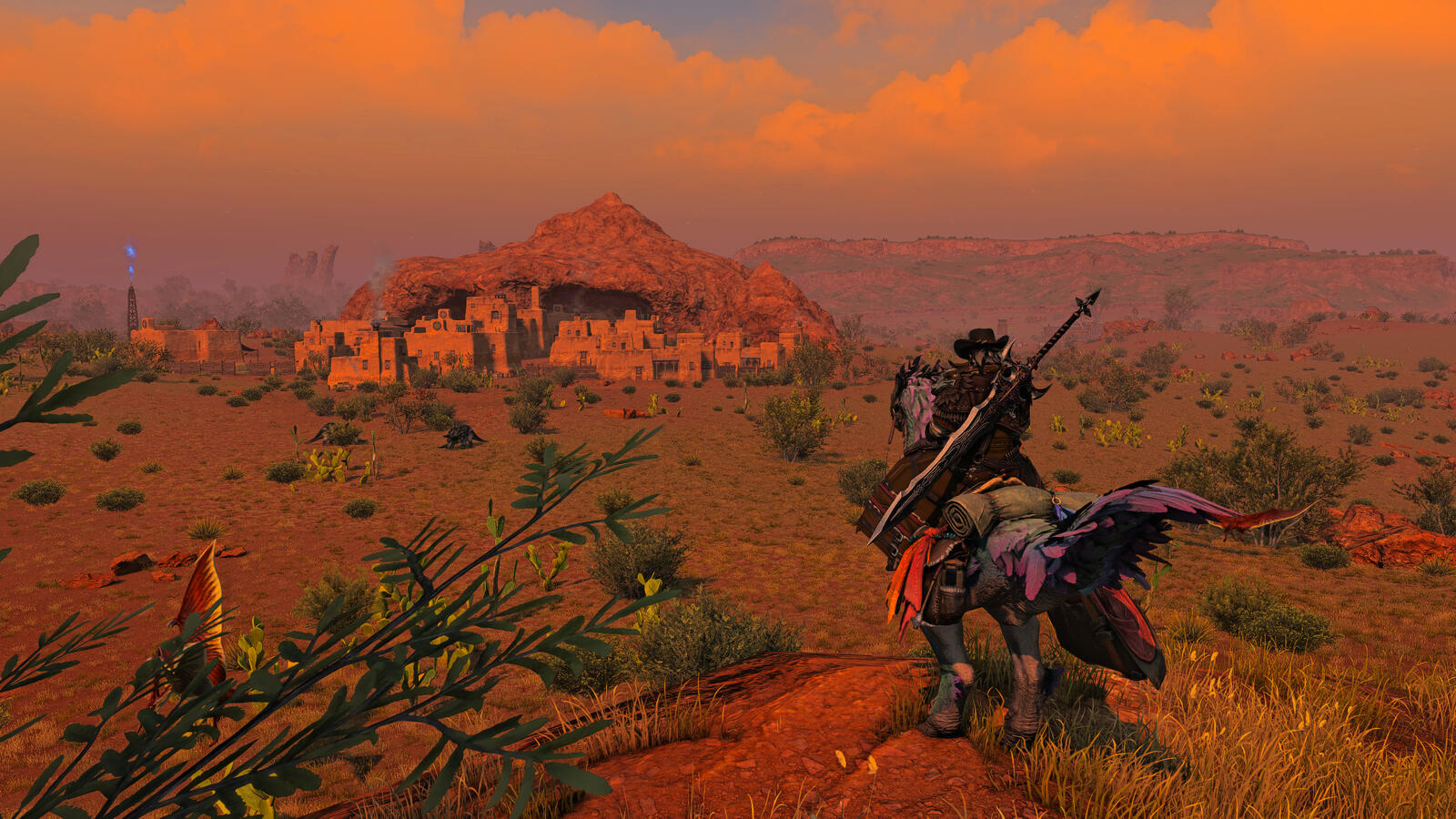 Erston rides his Seikret at sunset, overlooking Luwateninyawawsa’s adobe settlement. The sky burns orange over red cliffs and desert brush as smoke rises from the distant buildings.