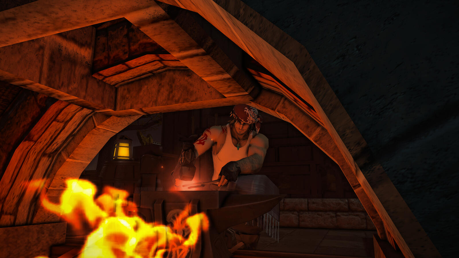 Erston works the forge in Shirogane, hammering heated metal on an anvil as orange firelight glows around him. The scene is framed by the arch of the forge, illuminating his focused expression and the heat of the flames.