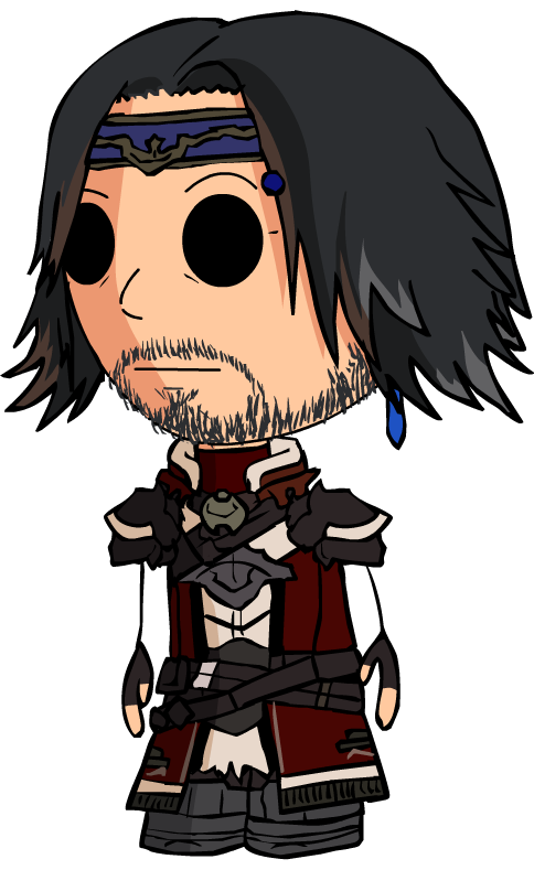 A cartoon version of Erston in RABToons style, drawn with a large head and small body. He has short dark hair, stubble, and wears a red and white outfit with dark armor details and a blue headband.