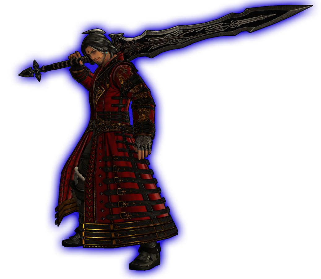 A male warrior with black hair and stubble holds an enormous, ornate black greatsword over his shoulder. He wears an elaborate red and gold coat with layered armor straps and dark boots, outlined by a blue glow on a black background.